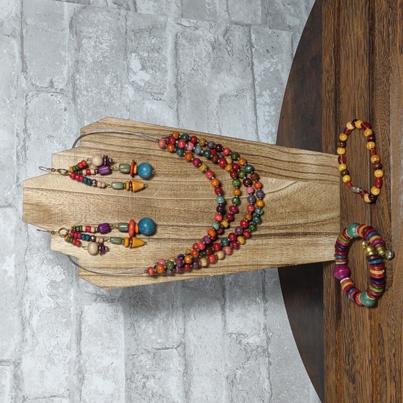 4 pc Multi Color Wood Bead Necklace/Earrings/Bracelets Set - Picture 1 of 5